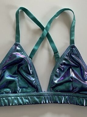 Club Exx Dolls Kill Metallic Iridescent Oil Slick Rave Bra Top XS Blue